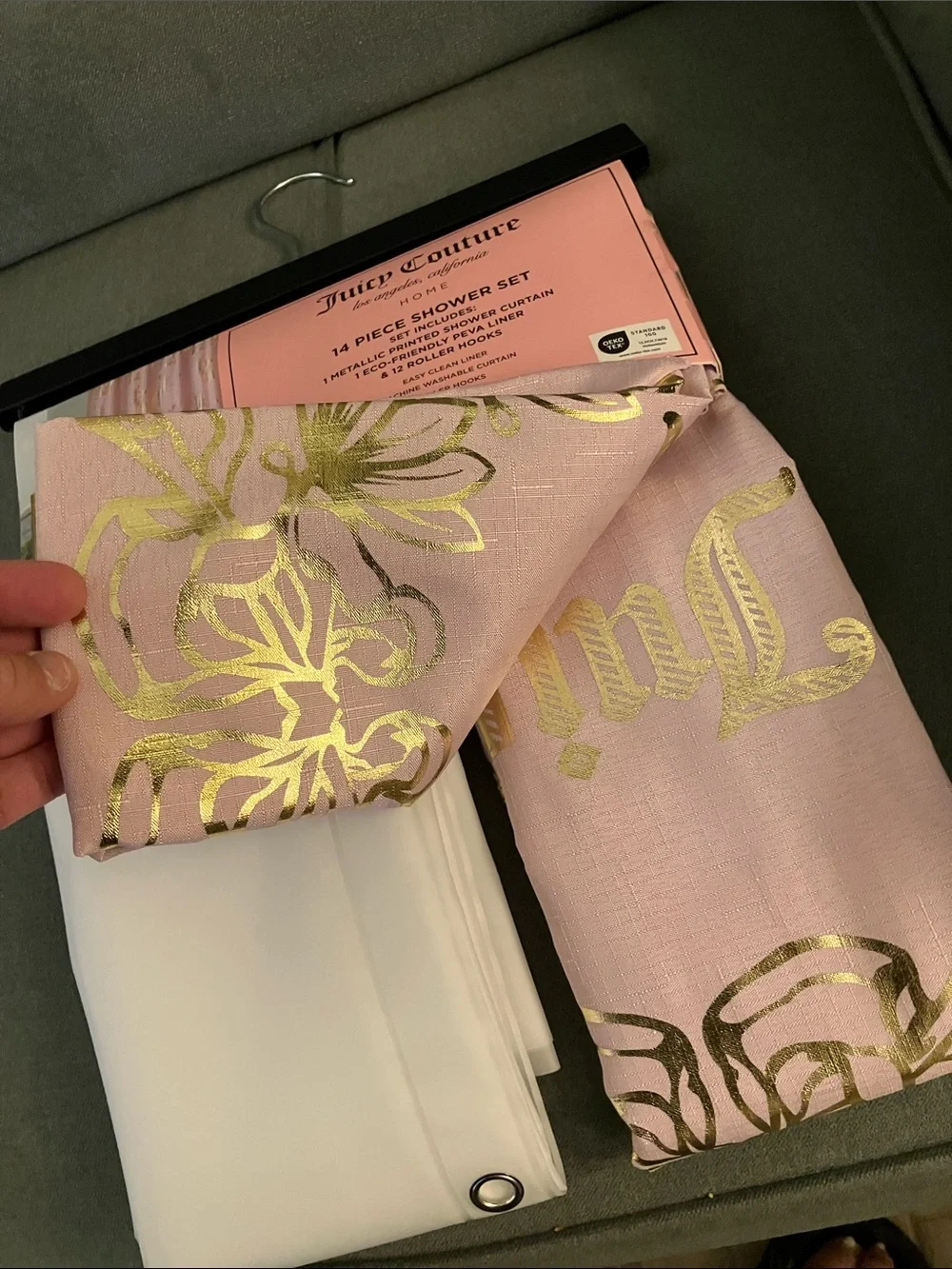 ✨Juicy Couture 14 pc shower set gorgeous pink & gold metallic curtain NWT